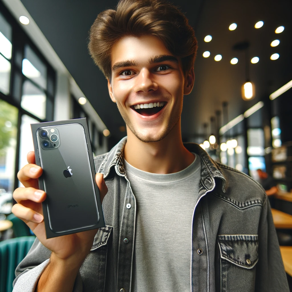 DALL·E 2023 11 15 15.56.59 A photo of a young man early 20s with an expression of joy and excitement holding a new iPhone 15 Pro Max in titanium black color. The young man is 1